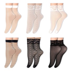 Psiokimi 6 Pairs Lace Ankle Socks, Black and White Fishnet Socks, Elastic Ultra Thin Mesh Socks Summer Sheer Socks for Women