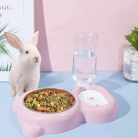 Rabbit Double Bowls Bunny Automatic Water Dispenser Detachable Stainless Steel Bowl No-Spill Water Bottle Food Feeder for Small Animals Bunny Squirrel Cat Puppy Chinchilla