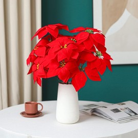 Poinsettias Artificial Christmas Flowers Decorations - 3 Pcs Artificial Red Poinsettia Flowers for Christmas Tree,Fake Poinsettia 7.87" with Stems 7 Heads Big Red Flowers for Home Xmas Tree Decor