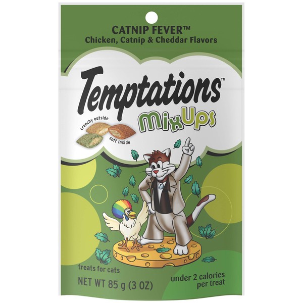TEMPTATIONS MixUps Crunchy and Soft Cat Treats, Catnip Fever Flavor, (12) 3 oz. Pouches