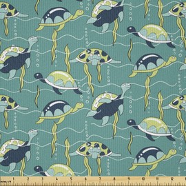 Ambesonne Turtle Fabric by The Yard, Underwater Wildlife Composition with Wavy Ocean and Colorful Animals with Shells, Microfiber Fabric for Arts and Crafts Textiles & Decor, 1 Yard, Teal