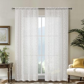 OWENIE Leyna Sheer Ivory Curtains 84 Inches Long for Living Room Bedroom 2 Panels Set, Modern Clip Jacquard Leaves Textured Light Filtering Curtains, Double Rod Pockets Window Drapes, 40Wx84L Inch