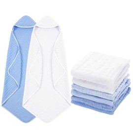 Peryiter 8 Pack Muslin Hooded Baby Bath Towels and Wash Cloth Set Soft Cotton Gauze Baby Hooded Bath Towel Baby Wipes Absorbent Bath Face Towels Burp Cloths or Face Towels for Girl Boy (Blue Series)
