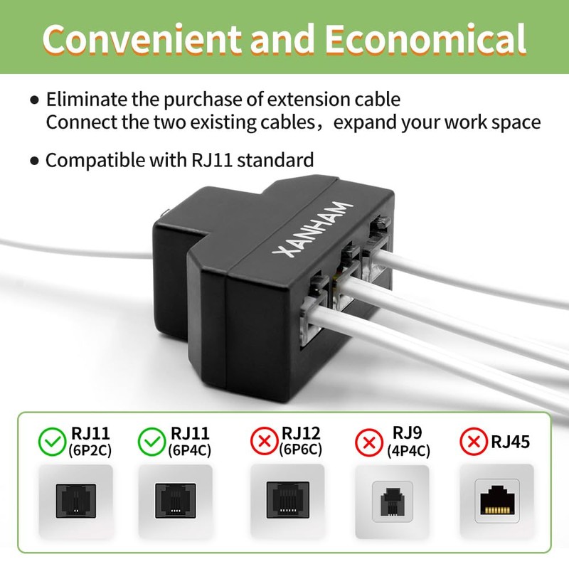 XANHAM XANHAM RJ11 Cable 3 Way Splitter 6P4C Connector Phone