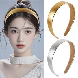 Luskrvnt 2 Pcs Metallic Color Headband for Women Girls Glossy Hair Accessories Gold Silver Hairband Cute Non Slip Headpieces for Birthday Wedding Party Hair Decoration