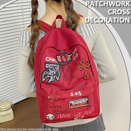 Gothic Rock Backpack For Men And Women Large Capacity Canvas Casual Backpack With Metal & Patchwork Accents for Daily Use (Red)