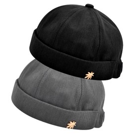 Pack of 2 Docker Caps, Brimless Cotton Docker Cap, Adjustable Head Size, Breathable Sweat Absorption Cap without Peak, 100% Cotton for Shopping, Fishing, Walking, Black, Grey, Black, grey