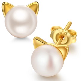 Cat Pearl Stud Earrings - Cute Cat Stud Earrings with Natural Pearl - Freshwater Cultured Pearl Stud Earrings Cat, Silver Stud Earrings with Cat Design, Lovely Cat Stud Earrings, Silver, A-4
