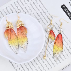 ABONDEVER Cottagecore Butterfly Wing Earrings 1 Pair 14K Gold Foil Fairy Wing Earrings & 1 Pair Fairycore Asymmetrical Earrings for Women Drop Dangle Earrings(gold foil Orange)