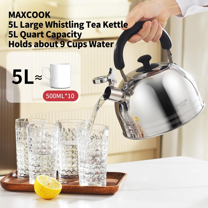 MAXCOOK Whistling Tea Kettle for Stovetop, 5L Stainless Steel Tea