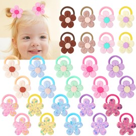 28pcs/set Baby Girl Flower Hair Ties - Elastic Hair Bands with Sequin & Fabric Floral Designs, Assorted Colors Hair Accessories for Toddlers, Infants, Kids