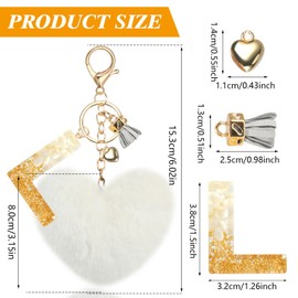 MWOOT Name Initial L Keyring, Alphabet Letter L Keychain with Heart Pom Pom, Bag Charm Ornament for Women Car Key Purse Backpack Bag Decorations, White Resin Key Holder Pendant