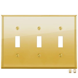 Rio Salto BRASS High Polish Gold Triple Toggle Light Switch MID SIZE Metal Wall Plate 3-Gang Toggle Metal Wallplate Cover Wall Plate Light Switch Covers (3 Gang Midsize 1-Pack)