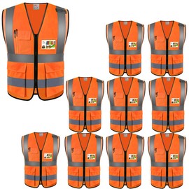 zojo High Visibility Safety Vests With Pockets, Wholesale Reflective Vest for Outdoor Works, Cycling, Jogging, Walking,Sports - Fits for Men and Women (Pack of 10, XXL-Orange)