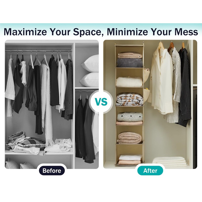 YOUDENOVA Hanging Closet Organizer, 6-Shelf Closet Hanging Storage with Side