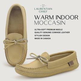 Laurentian Chief Moccasin Slippers for Men with Canada Quality Genuine Cowhide Leather, Single Lacing, Durable Comfortable Stylish Shoes for House Indoor