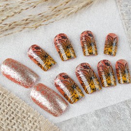 Thanksgiving Medium Square False Nails 24Pcs Maple Leaf Press on Nails Fall Leaves Stick on Fingernails Glossy Orange Gradient Acrylic Fake Nail Gold Glitter Gel Glue on Nail for Coquette Women Girls
