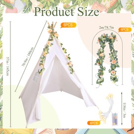 Kigley 6 Sets Teepee Tent Indoor Cotton Linen Teepee Play Tent with 6.6 ft Pink Fake Rose Vine Artificial Garland 10 ft Battery Operated String Lights for Room Decor(White)