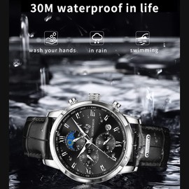 Weicam Men Casual Waterproof Roman Numerals Leather Band Analog Quartz Wristwatches with Chronograph Calender Business Watch (Black)