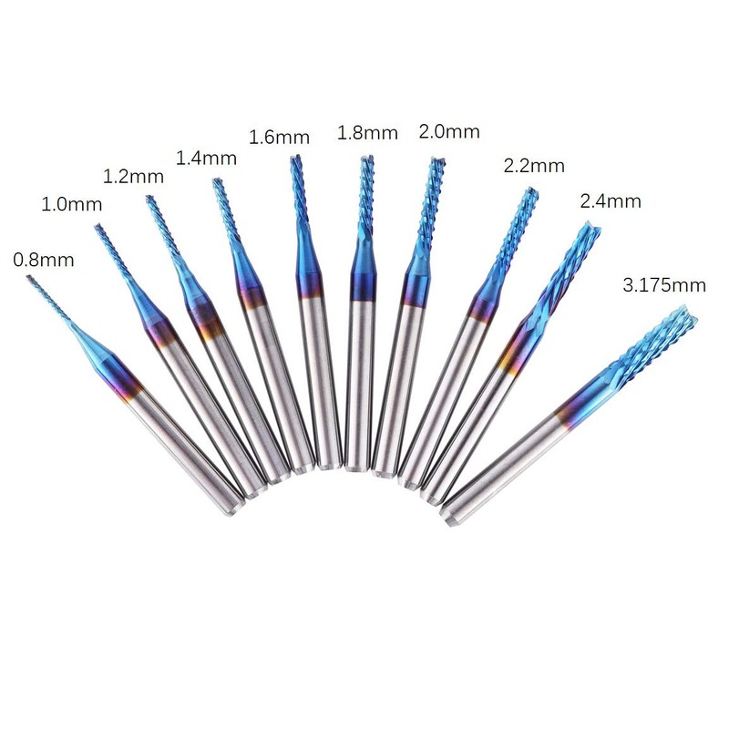 10pcs 0.8-3.175mm End Mill CNC Router Bits, 1/8” Shank Nano