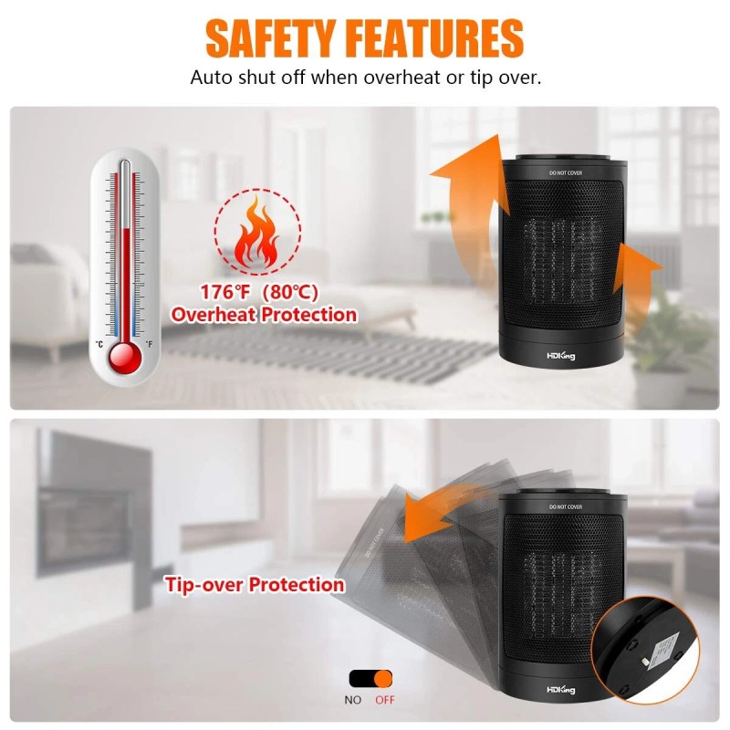 HDKing Desk Heater 750/1500W Heater And Fan, Timer, Tip Over