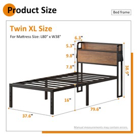 Maenizi 16 Inch Twin XL Bed Frames with Wood Headboard, Storage Bed Frame Twin XL No Box Spring Needed, Noise Free, Mahogany