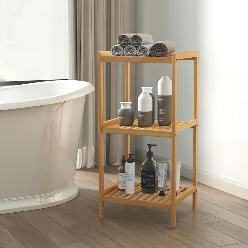 kinbor 3-Tier Bamboo Shelf Freestanding - Space-Saving Bathroom Standing Shelf