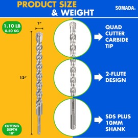 SOMADA 1-Inch x 12-Inch SDS Plus Long Drill SDS-Plus Rotary Hammer Drill Bit 4-Cutter Carbide Tip for Concrete, Brick, Stone and Masonry Drilling