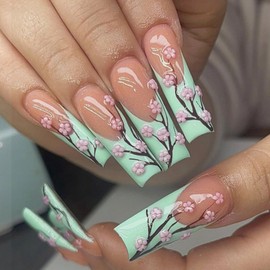French Tip Press On Nails Long Square Coffin Fake Nails With Green Pink Flower Design Glossy Acrylic False Nails Glue on Nails Full Cover Thick Stick on Nails for Women Girls 24Pcs XA-60-60