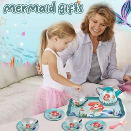 Mermaid Tea Party Set for Little Girls, Kids Party Set Toys for 3 4 5 6 Year Old Girls, Pretend Toy Tin Tea Set & Carrying Case, Princess Tea Time Kitchen Play Toys, Birthday Gifts for Girls