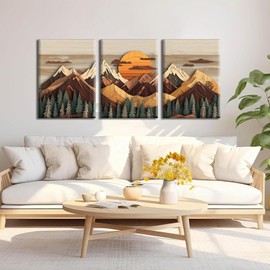KADEYEE 3pcs Boho Mountain Wall Art Sunrise Pine Tree Forest Nature Scenry Abstract Mountain Wall Art Living Room Bedroom Wall Decor，Wood Texture Canvas Print Pictures Framed Ready To Hang 16x24 Inch