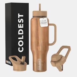 Coldest 46oz 100% Leak Proof Insulated Tumbler with Lid & Straw (3 Lids) - Stainless Steel for Women & Men - Travel Containers, Chug & Drinkware:_Executive Wood+_46oz
