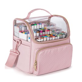 Rexmica Large Marker Organizer Case for 180 Markers, Marker Storage Bag for Markers, Paint Brushes, Colored Pencils or Other Art Supplies with Dividers and Shoulder Strap, Pink