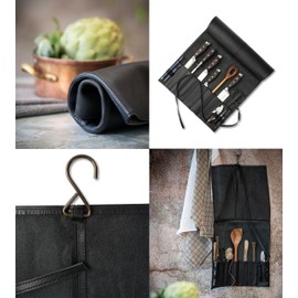 Leather Knife Roll Bag for Chef`s - Premium Knife Roll Case made of Genuine Water-Buffalo Leather, knives storage Bosse (black)