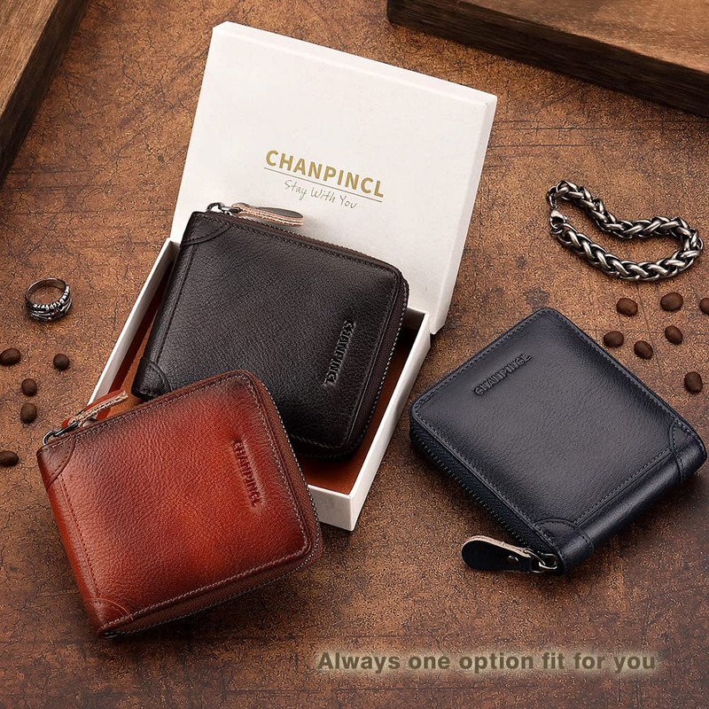 CHANPINCL Mens Genuine Leather Zipper Wallet RFID Secure Large Capacity