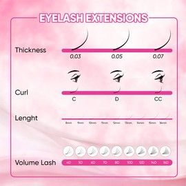 ROSE GIRL Loose Promade Fans - Natural Look Handmade Volume Eyelashes From 3D To 16D - C CC D DD Curl - False Lashes Extensions - Thickness 0.03~0.1 mm - 8~20 mm Length (12D-0.05-C (9mm))