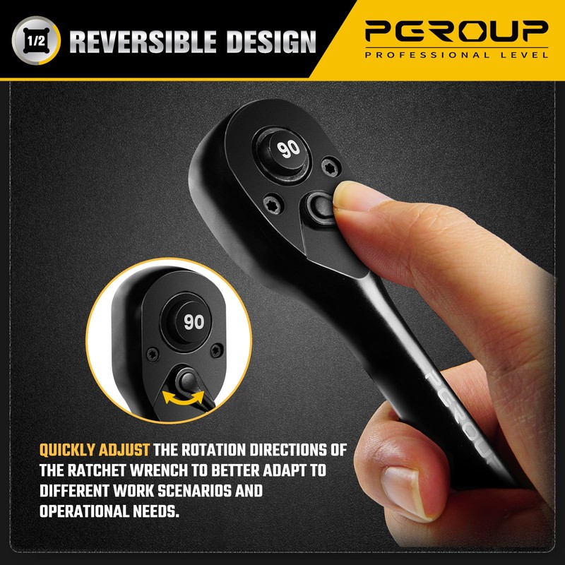 pgroup 1/2-Inch Drive Ratchet Wrench, 90 Tooth Reversible Ratchet, 4-Degree