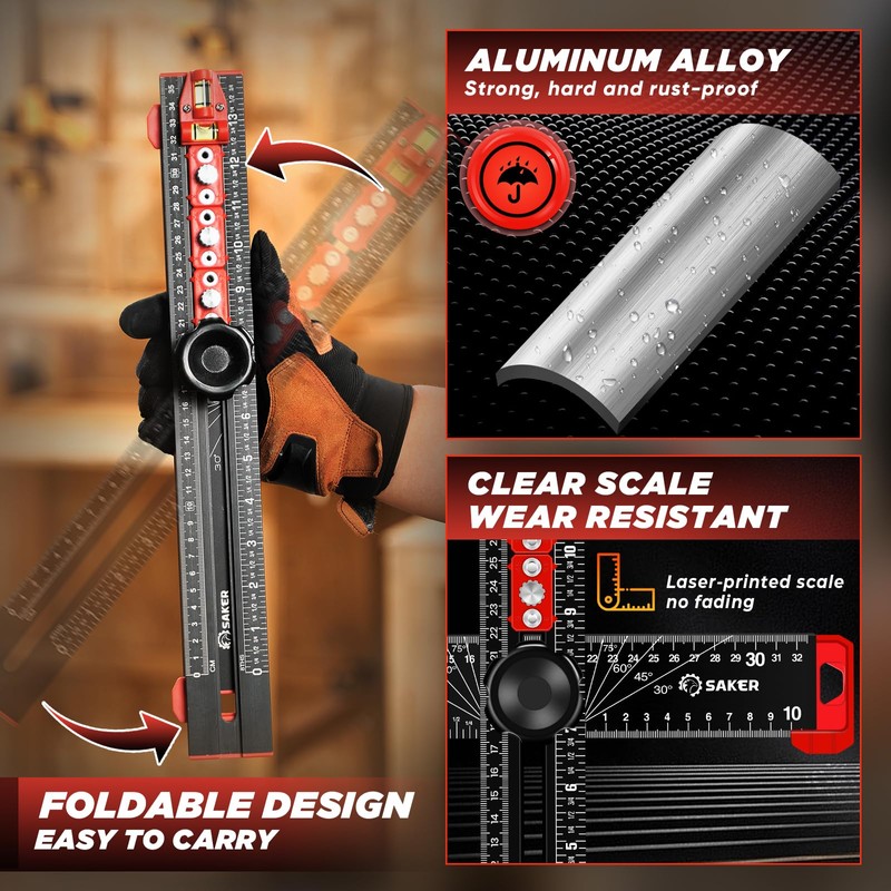 Saker 4-in-1 Drilling Positioning Ruler, Adjustable 13.78in Multifunctional T Square