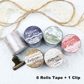 AuriicLeaf Lace Pattern Washi Tape Set, 6 Rolls Japanese Paper Decorative Stickers with 1 Clip, Lace Fabric for Scrapbooking, Journaling, Craft Supplies, 1.57in x 79in