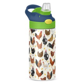 ALAZA Hens Roosters and Chickens Kids Water Bottles with Lids Straw Insulated Stainless Steel Water Bottles Double Walled Leakproof Tumbler Travel Cup for Girls Boys Toddlers 12 oz / 350 ml,Green