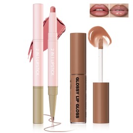 HOSAILY Nude Matte Lip Liner and Lipstick Lip Gloss Combo Set, Long-Lasting Creamy Lip Crayon Moisturizing Glossy Plumping Lip Gloss Lip Glow Oil with Lip Liner Makeup