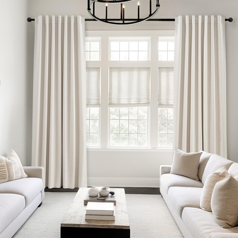 Topfinel Linen Blackout Curtains 96 Inch Long, Boho Farmhouse Ivory