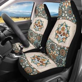 ZIATUBLES Car Accessories Car Seat Covers Front Cushion and Backrest Bohemian Floral Skull Print Breathable Fit Most Sedans 2 Pack