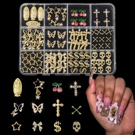 ALGLEA Nail Art Pearls 90pcs Gold Nail Charms Set with Cross, Bow, Butterfly, Cherry, Money, Star, Skull and Virgin Mary - Y2K 3D Gold Charms for Nail Decorations