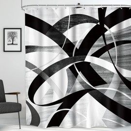 LGhtyro Black Grey Abstract Shower Curtain Bathroom Set 71Wx78H Inches Long Line Modern Graffiti Minimalist Simple Geometric Striped Bath Accessories Women Girly Art Home Decor Fabric 12 Pack Hooks