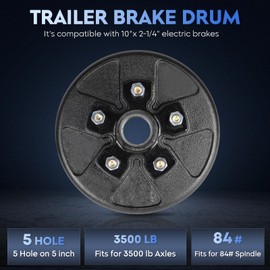 SEHNSUCHT Trailer Electric Brake Drum Kit, One Pair of 5 hole on 5" Bolt Circle Brake Drum with 10" x2-1/4" Maual Adjusting Electric Brakes for 3500 lbs Axles, Replacement 10" Brake Hub Drum Assembly