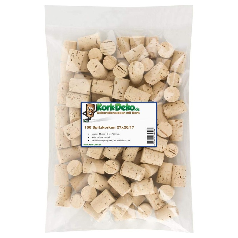 100 Pointed Corks, Length = 27 mm, Diameter = 17-20