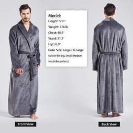 FashGudim Mens Robes Big and Tall Full Length Plush Fleece Long Robe for Men Bathrobe Shawl Collar Warm Winter House Robes (Grey,L/XL)