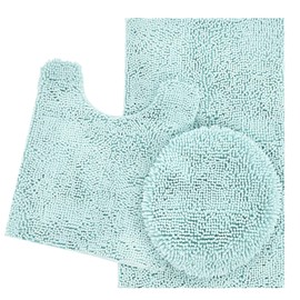 ITSOFT 3pc Non-Slip Shaggy Chenille Bathroom Mat Set, Includes 24 x 21 Inches U-Shaped Contour Toilet Rug, 34 x 21 Inches Bathmat and 1 Toilet Lid Cover, Spa Blue