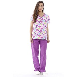 1311W-13-L Just Love Nursing Scrubs Set for Women / Print Scrubs,White Ribbon Heart With Purple Pants,Large